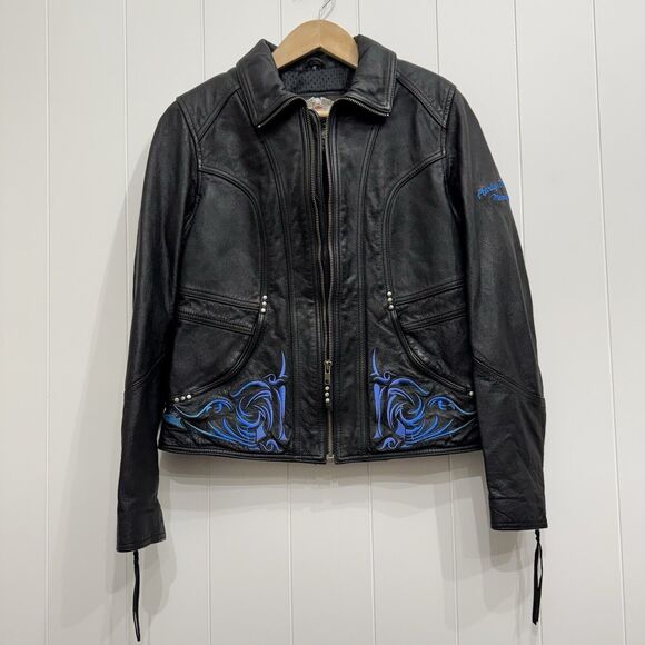 Harley Davidson Evening Star Tribal Embroidered Black Leather Motorcycle Jacket